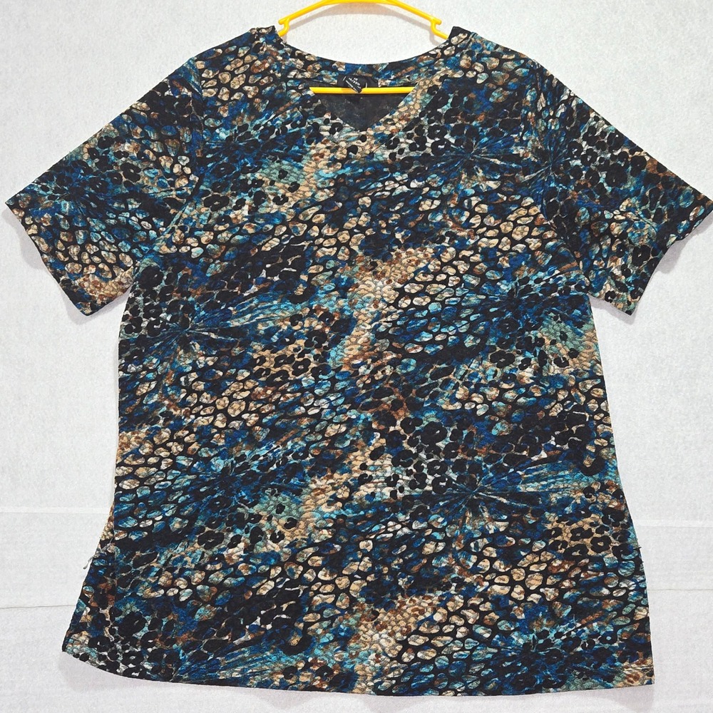 Maggie Barnes 1X 18 20W Blue Brown Black Animal‎ Print V-Neck Tunic Top